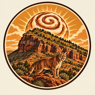 Baked in Lyons logo — a cougar on a Colorado mesa beneath a cinnamon-roll sun